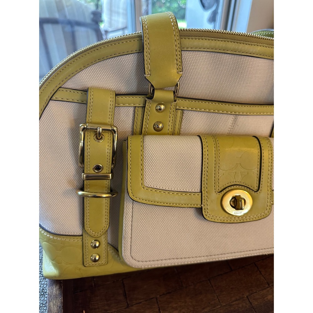 Coach Hampton Miranda 11954 Canvas Leather Satchel Ivory Lime Green Handbag EUC - Picture 2 of 16